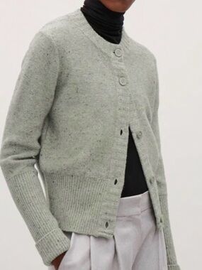 COS Cardigan Chunky Wool Celadon Green Speckle Button Front Waist Length EU Med